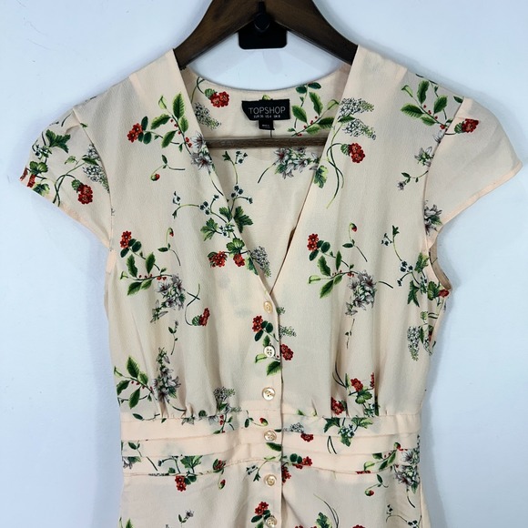 Topshop Floral Button Front Mini Dress Womens 4 Romantic Whimsical Fairy Cottage - Picture 3 of 9